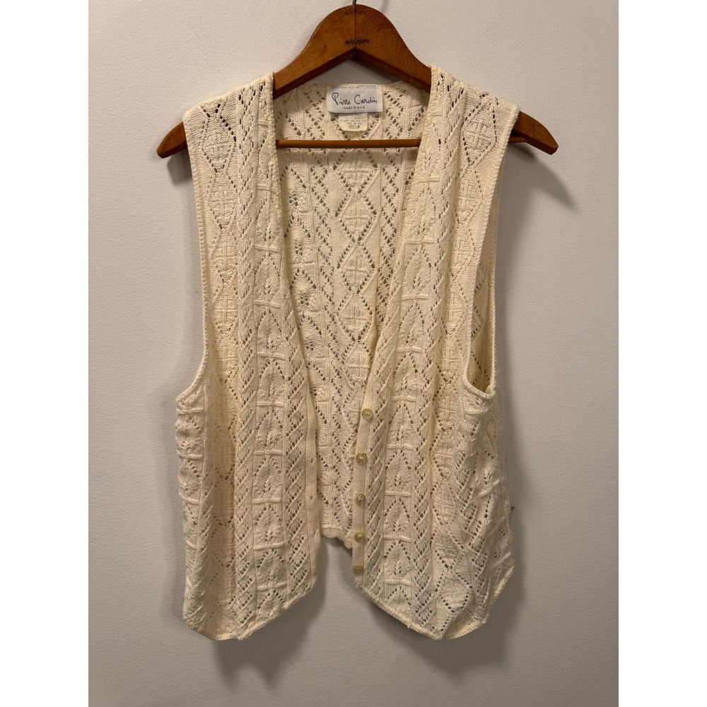 Pierre Cardin Vintage Knit Vest Ivory Cotton Pointelle Button Front Made in USA
